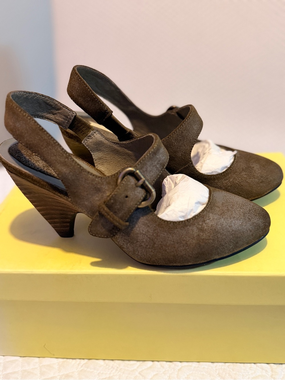 Max Studio Brown Suede Slingback Heels with Buckle Detail